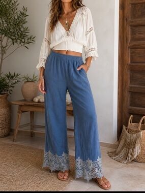 Pretty Angel Blue Lace Hem Boho Pants XL – Flowy Wide Leg